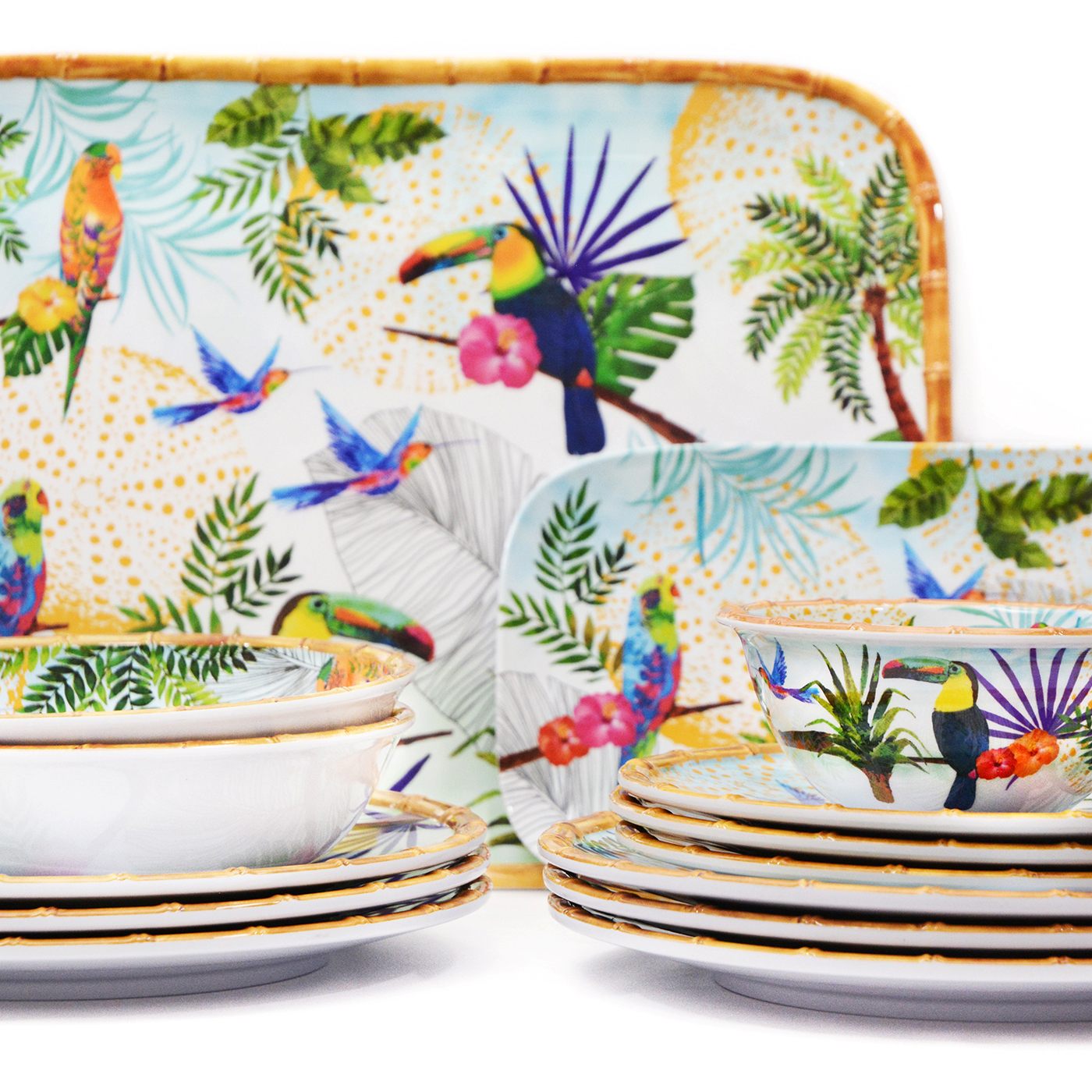 Plat à cake long rectangulaire en mélamine toucans - 37,5 cm