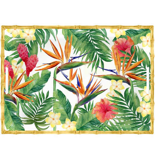 Grand plateau de service en mélamine imprimé à poignées fleurs - 50 x 36 x 5 cm