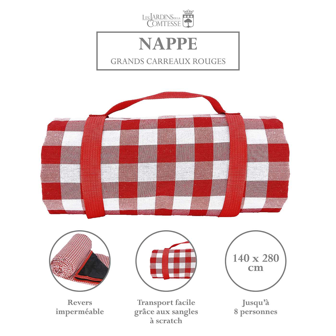 Nappe pique-nique imperméable carreaux rouges XL