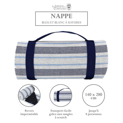 Nappe pique-nique Bleu et Blanc à rayure à revers imperméable XL