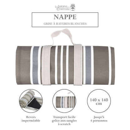 Nappe pique-nique grise à rayures blanches
