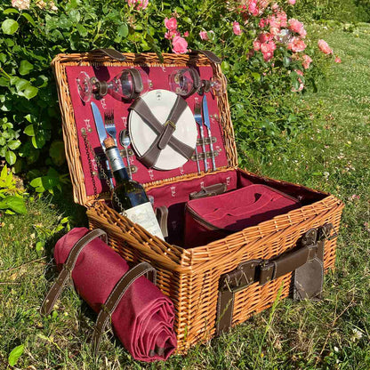 Malle pique-nique osier et cuir bordeaux - 2 personnes