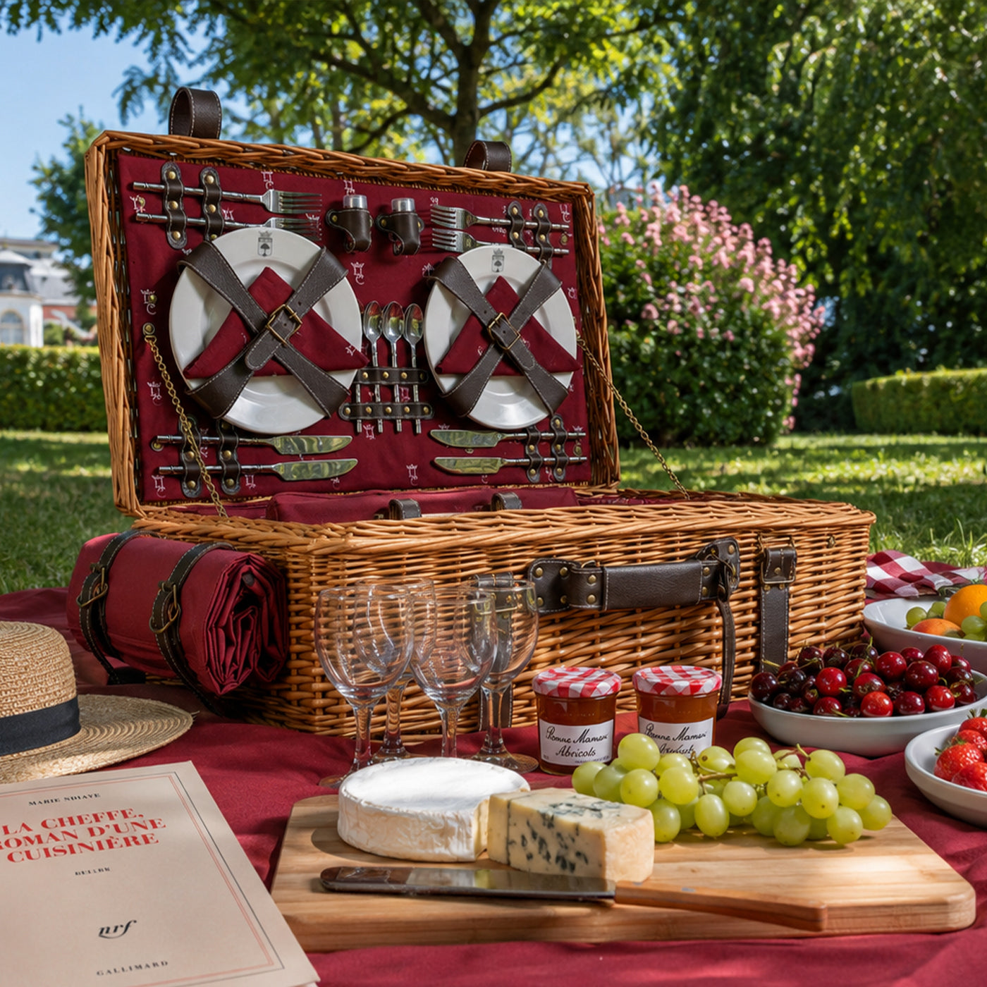 Malle pique-nique osier et cuir bordeaux - 4 personnes
