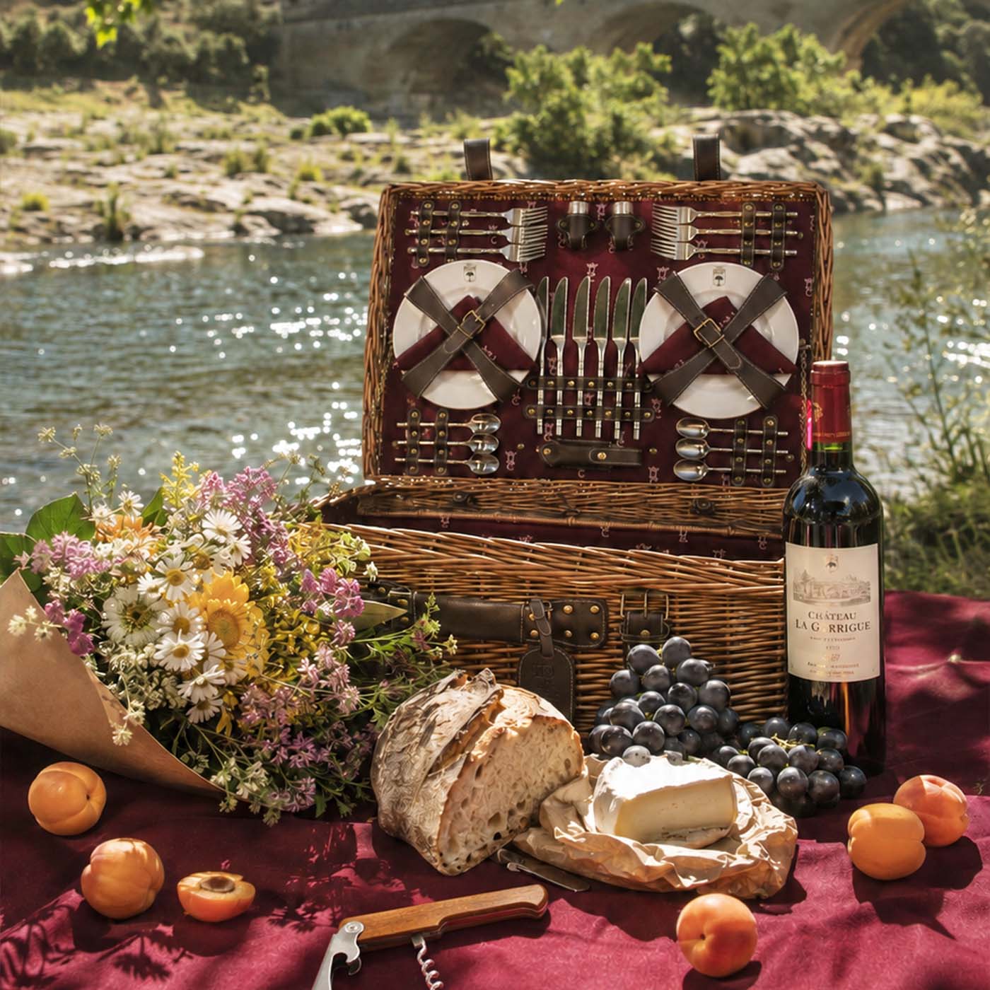 Malle pique-nique osier et cuir bordeaux - 6 personnes