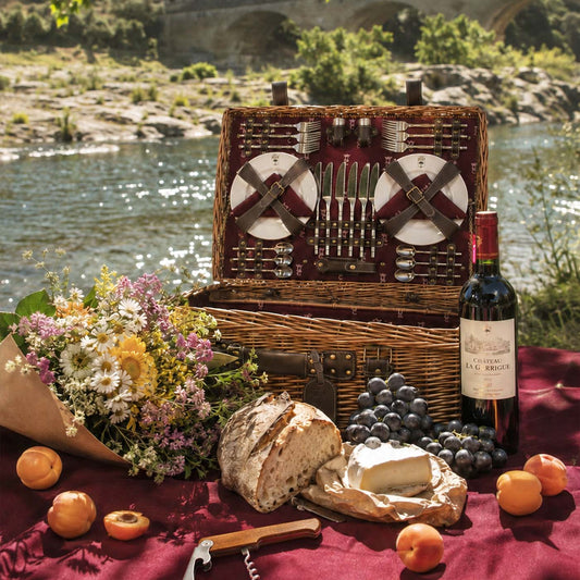 Malle pique-nique osier et cuir bordeaux - 6 personnes
