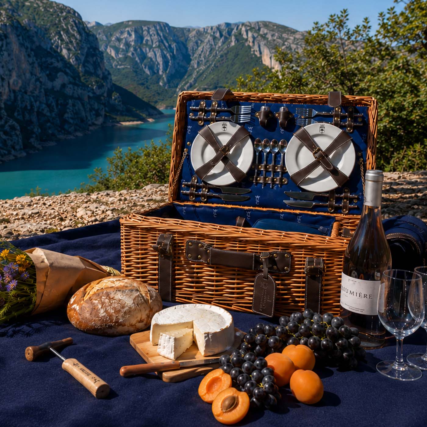 Malle pique-nique osier et cuir bleu - 4 personnes