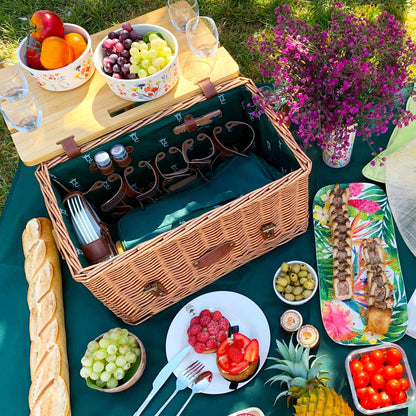 Panier pique-nique en cuir tissu vert - 4 personnes