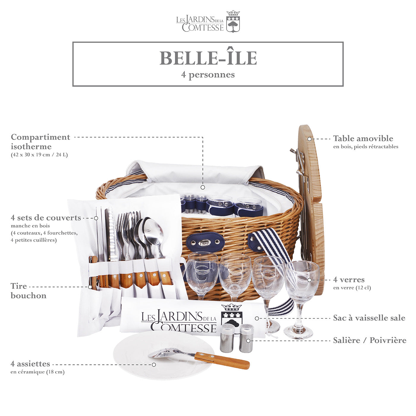 Panier pique-nique en osier Belle-Île - 4 personnes