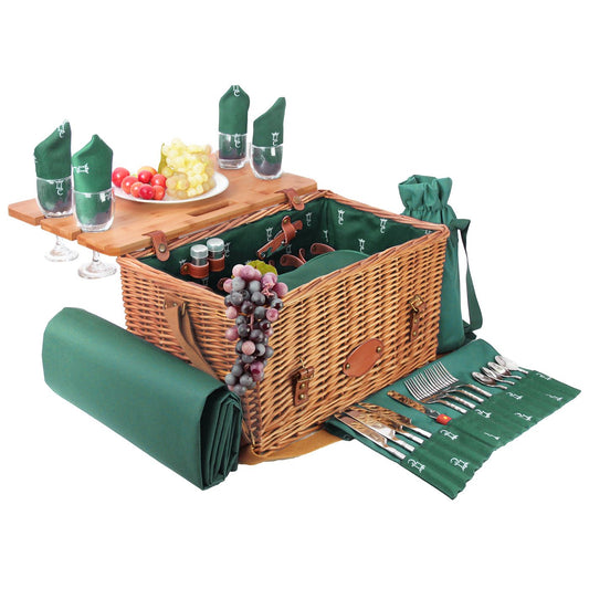 Panier pique-nique en cuir tissu vert - 4 personnes