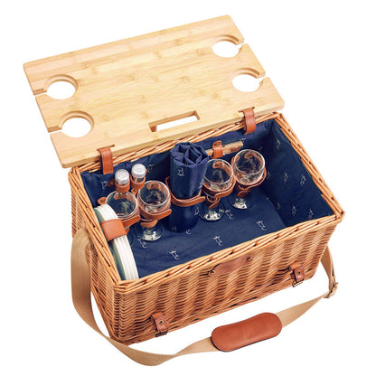 Panier pique-nique en cuir tissu bleu - 4 personnes