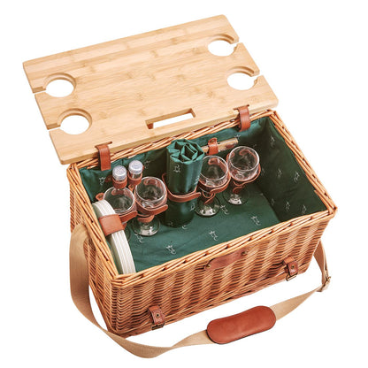 Panier pique-nique en cuir tissu vert - 4 personnes