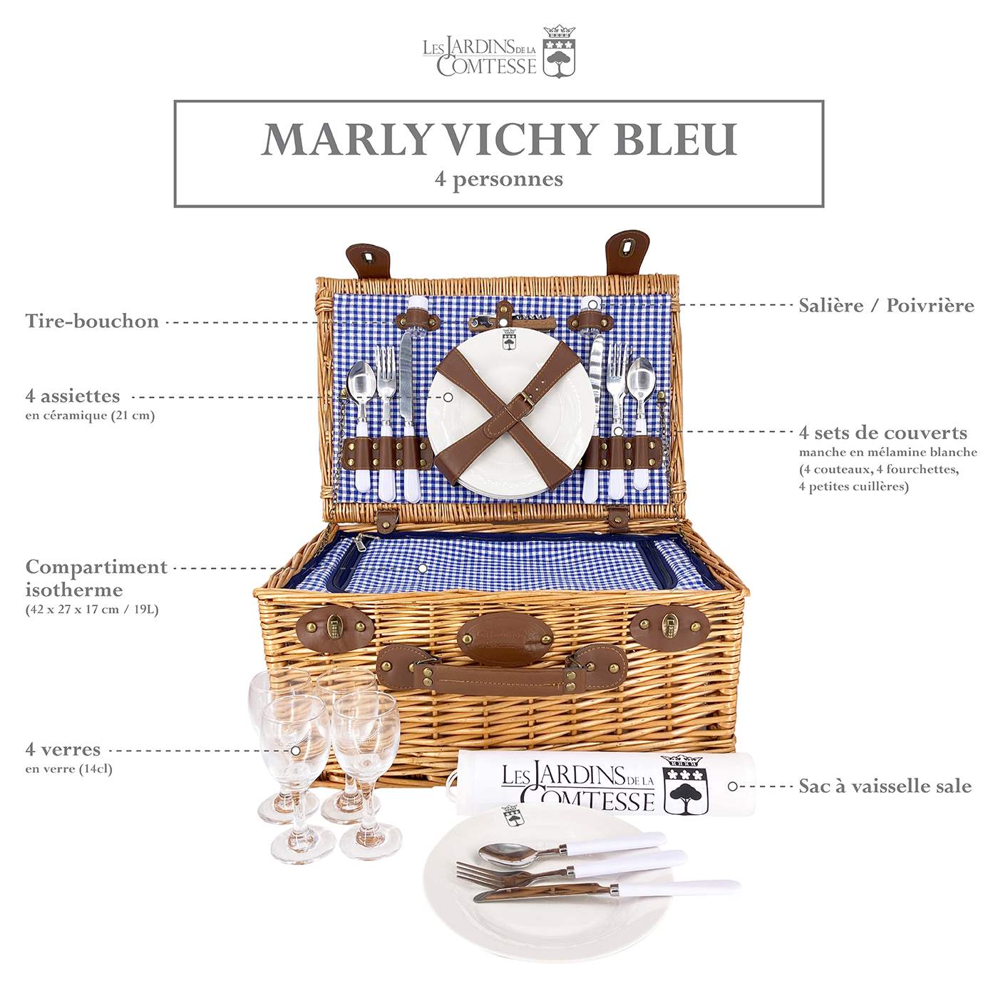 Panier pique-nique en osier Marly bleu - 4 personnes