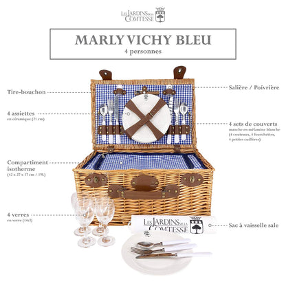 Panier pique-nique en osier Marly bleu - 4 personnes