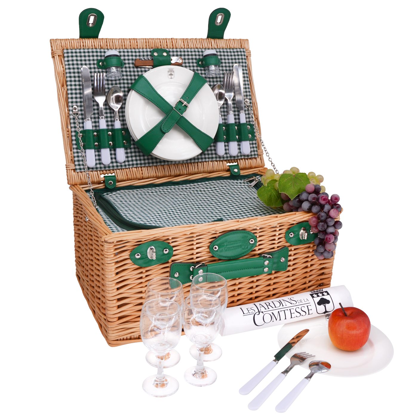 Panier pique-nique en osier Marly vert - 4 personnes
