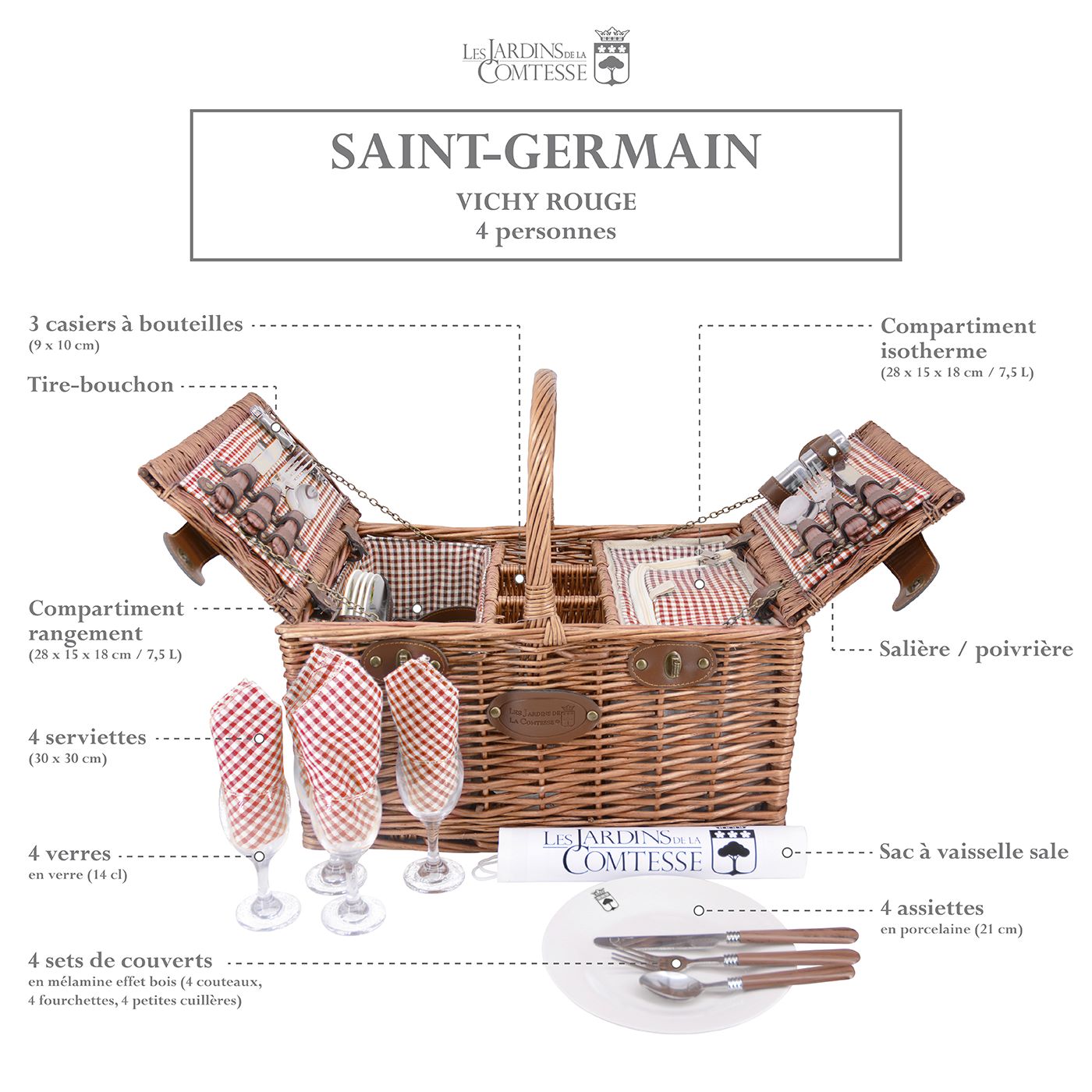 Panier pique-nique en osier - Vichy rouge - 4 personnes