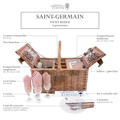 Panier pique-nique en osier - Vichy rouge - 4 personnes