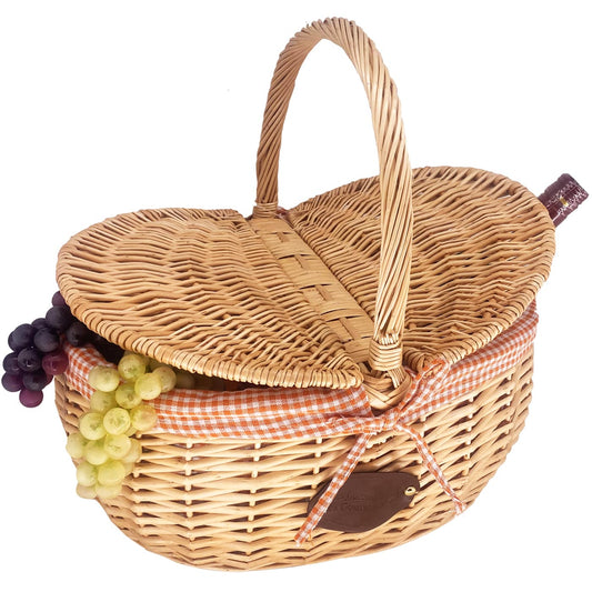 Panier en osier Campagne vichy orange avec couverts et napperons