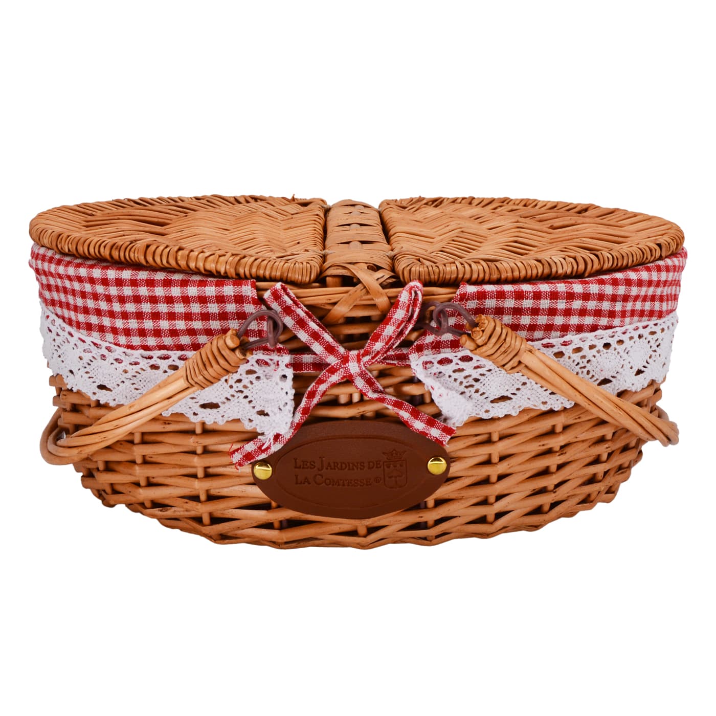Panier en osier tissu dentelle vichy rouge