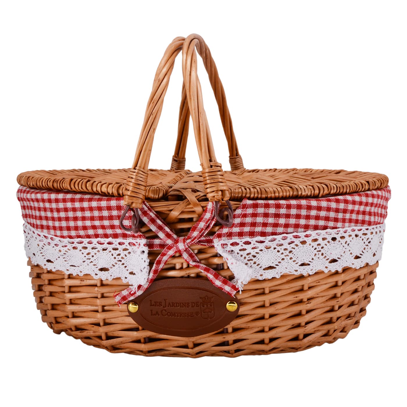 Panier en osier tissu dentelle vichy rouge