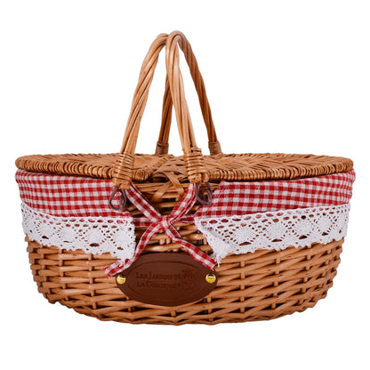 Panier en osier tissu dentelle vichy rouge