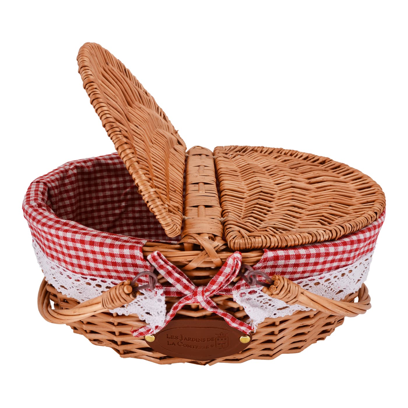 Panier en osier tissu dentelle vichy rouge