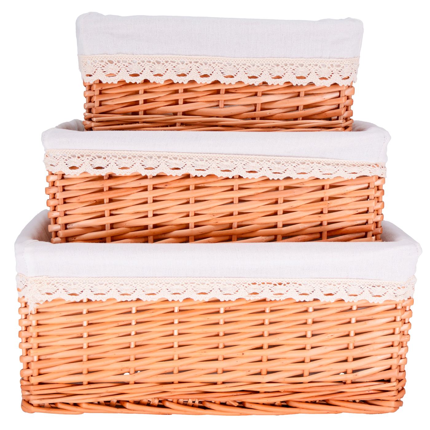 Lot de 3 paniers de rangement en osier - Tissu blanc