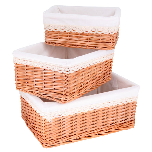 Lot de 3 paniers de rangement en osier - Tissu blanc