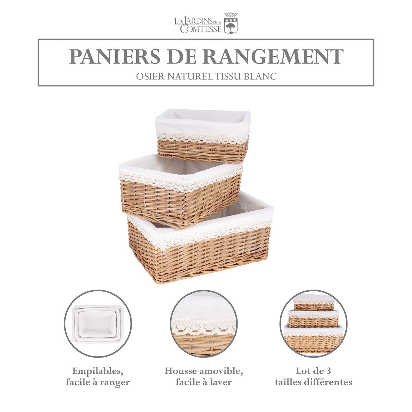 Lot de 3 paniers de rangement en osier - Tissu blanc