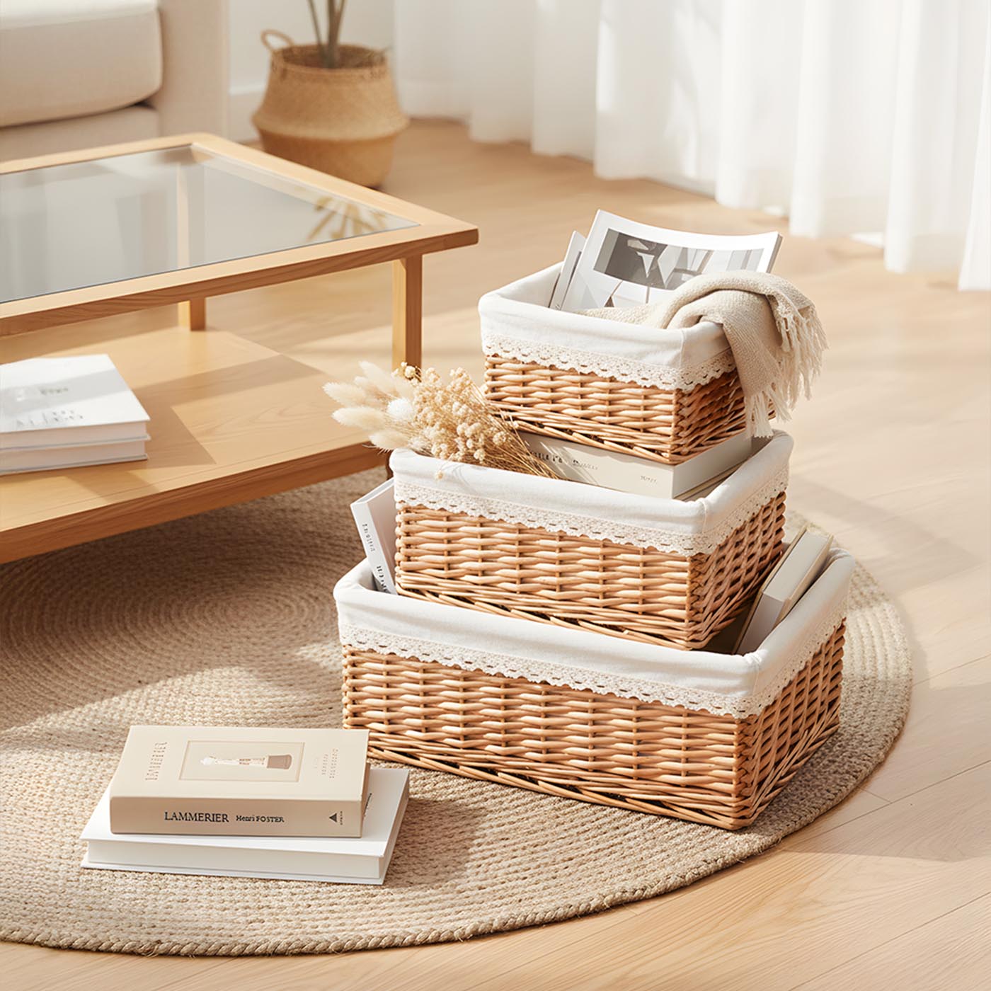 Lot de 3 paniers de rangement en osier - Tissu blanc