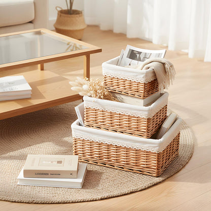 Lot de 3 paniers de rangement en osier - Tissu blanc
