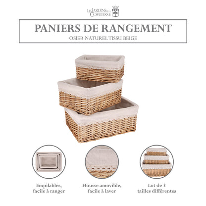 Lot de 3 paniers de rangement en osier - Tissu beige