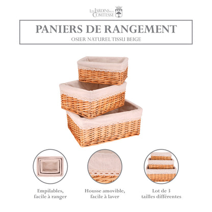 Lot de 3 paniers de rangement en osier - Tissu beige