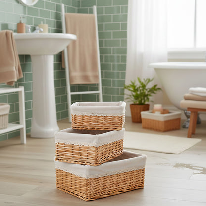 Lot de 3 paniers de rangement en osier - Tissu beige