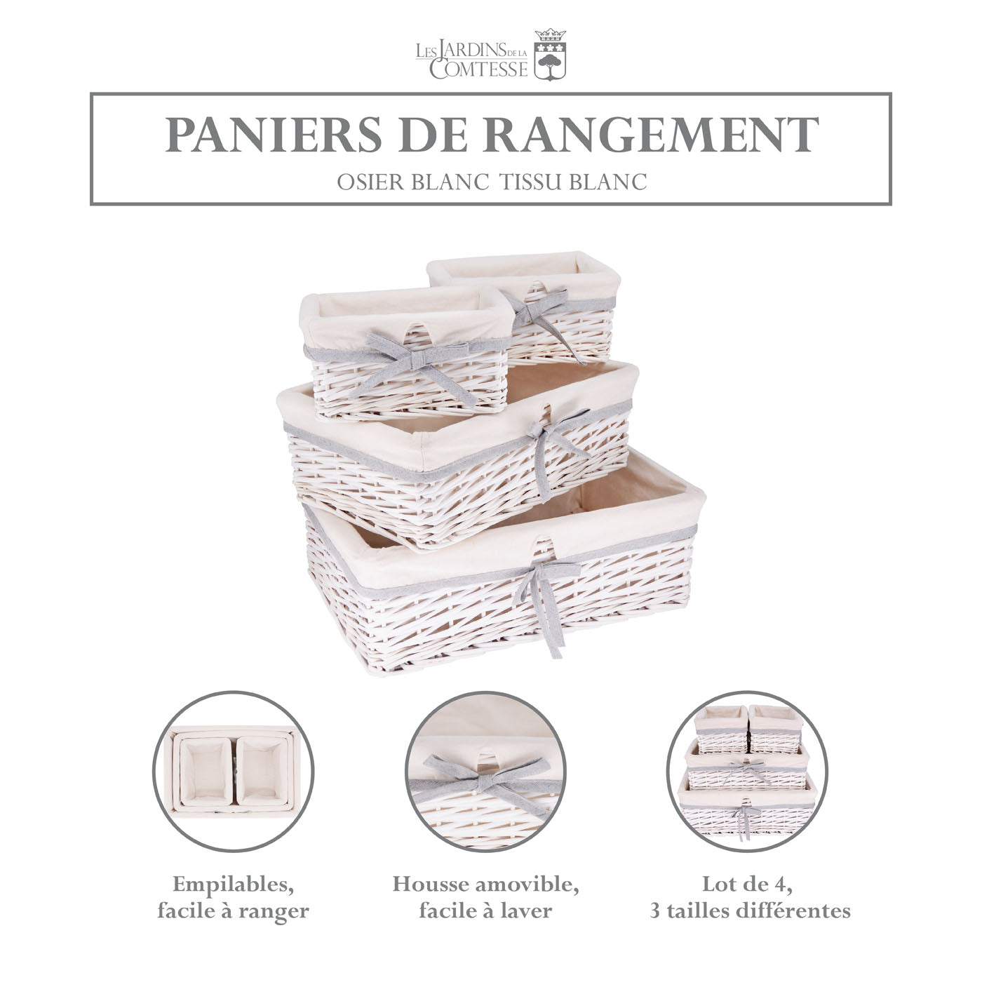Lot de 4 paniers de rangement en osier blanc - Tissu blanc