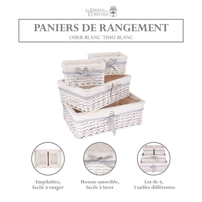 Lot de 4 paniers de rangement en osier blanc - Tissu blanc