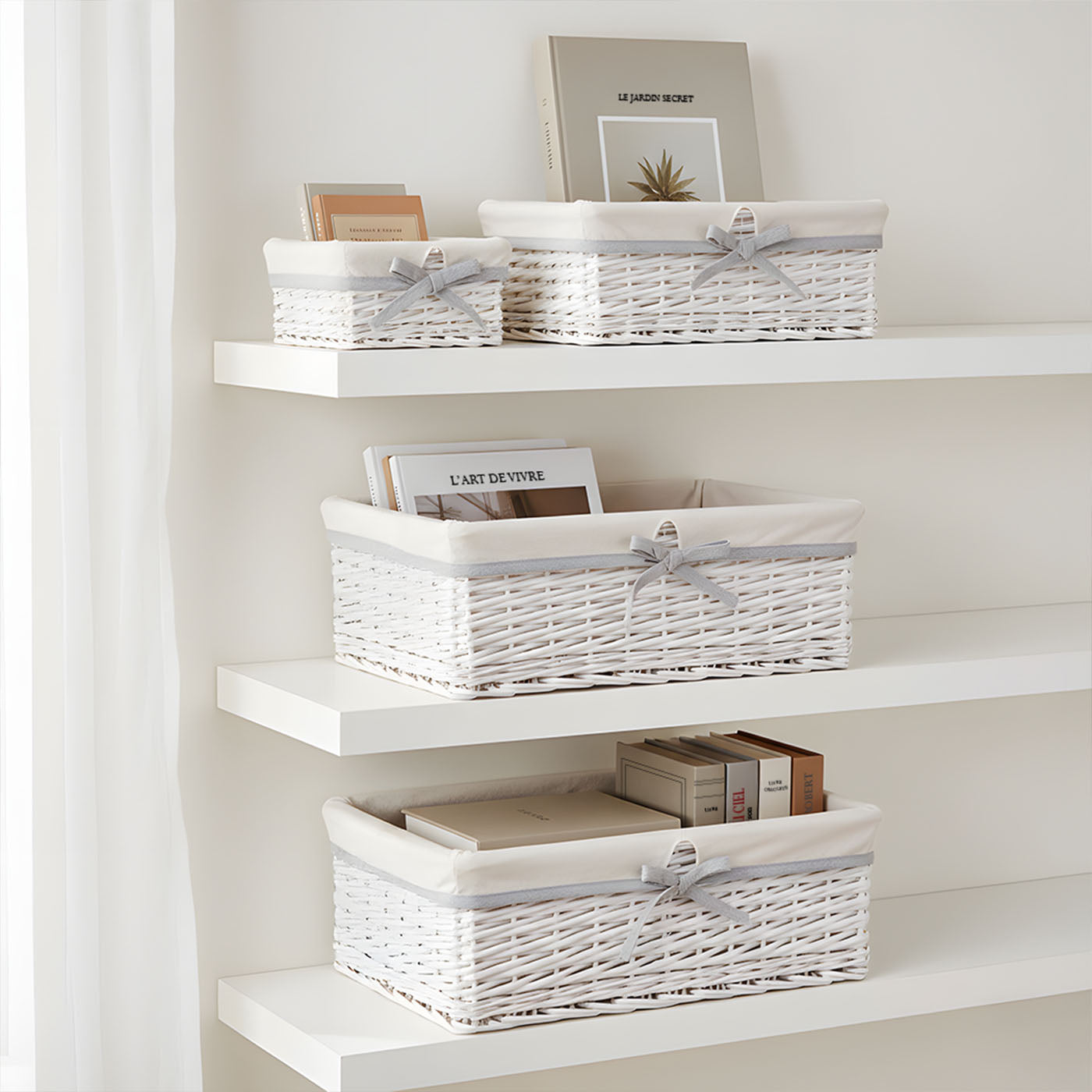 Lot de 4 paniers de rangement en osier blanc - Tissu blanc