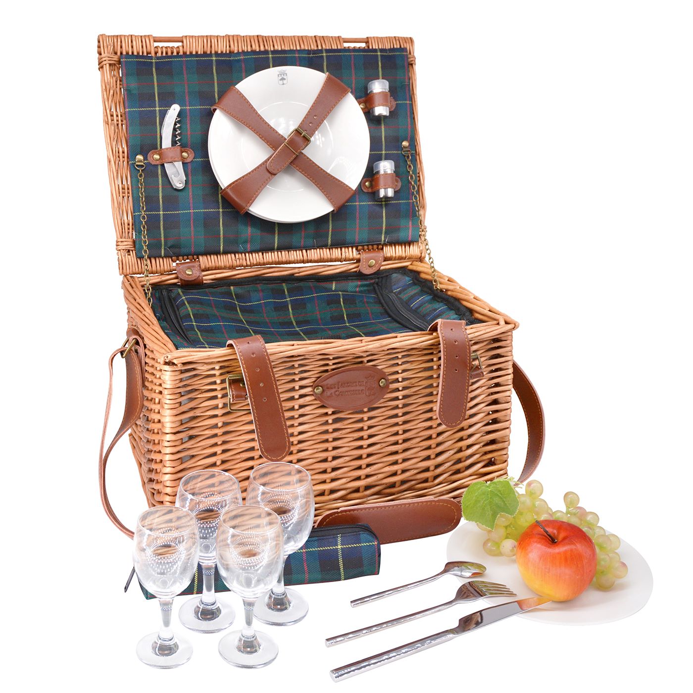 Panier pique-nique cuir et tissu écossais - 4 personnes