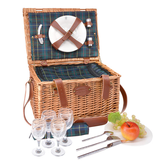 Panier pique-nique cuir et tissu écossais - 4 personnes