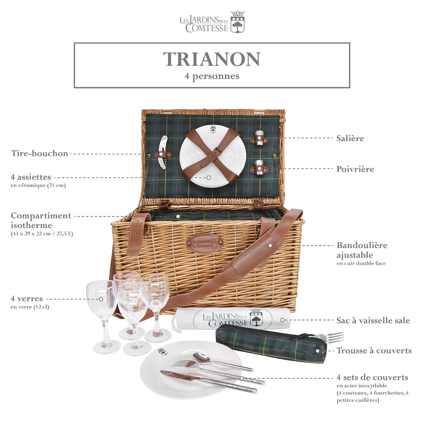 Panier pique-nique cuir et tissu écossais - 4 personnes