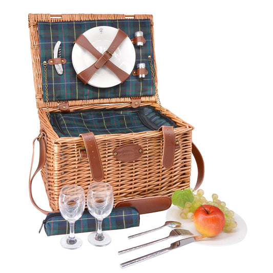 Panier pique-nique cuir et tissu écossais - 2 personnes