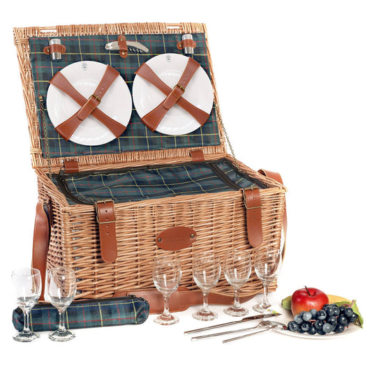 Panier pique-nique cuir et tissu écossais - 6 personnes