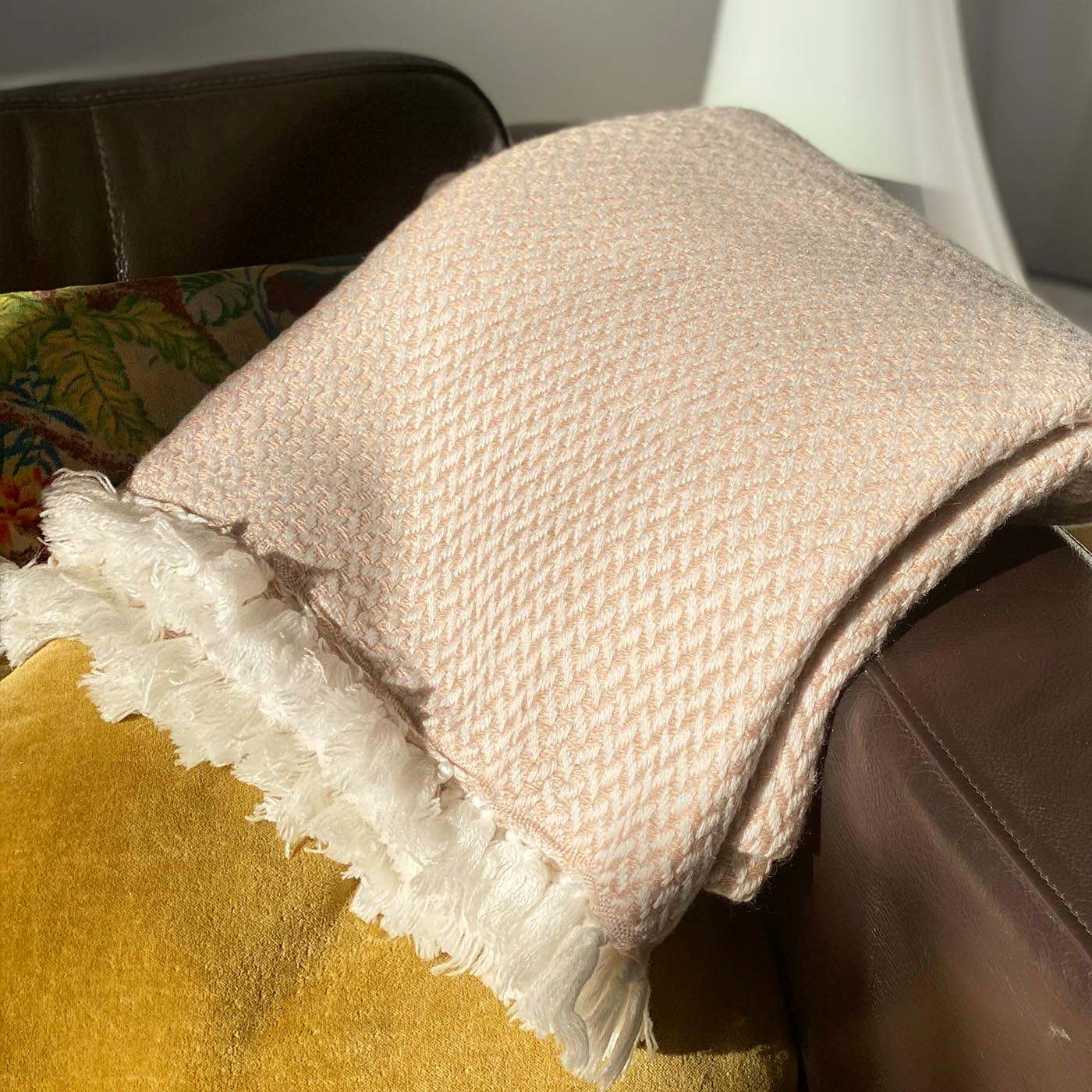 Plaid cachemire et laine petits chevrons Camel - 130 x 230 cm