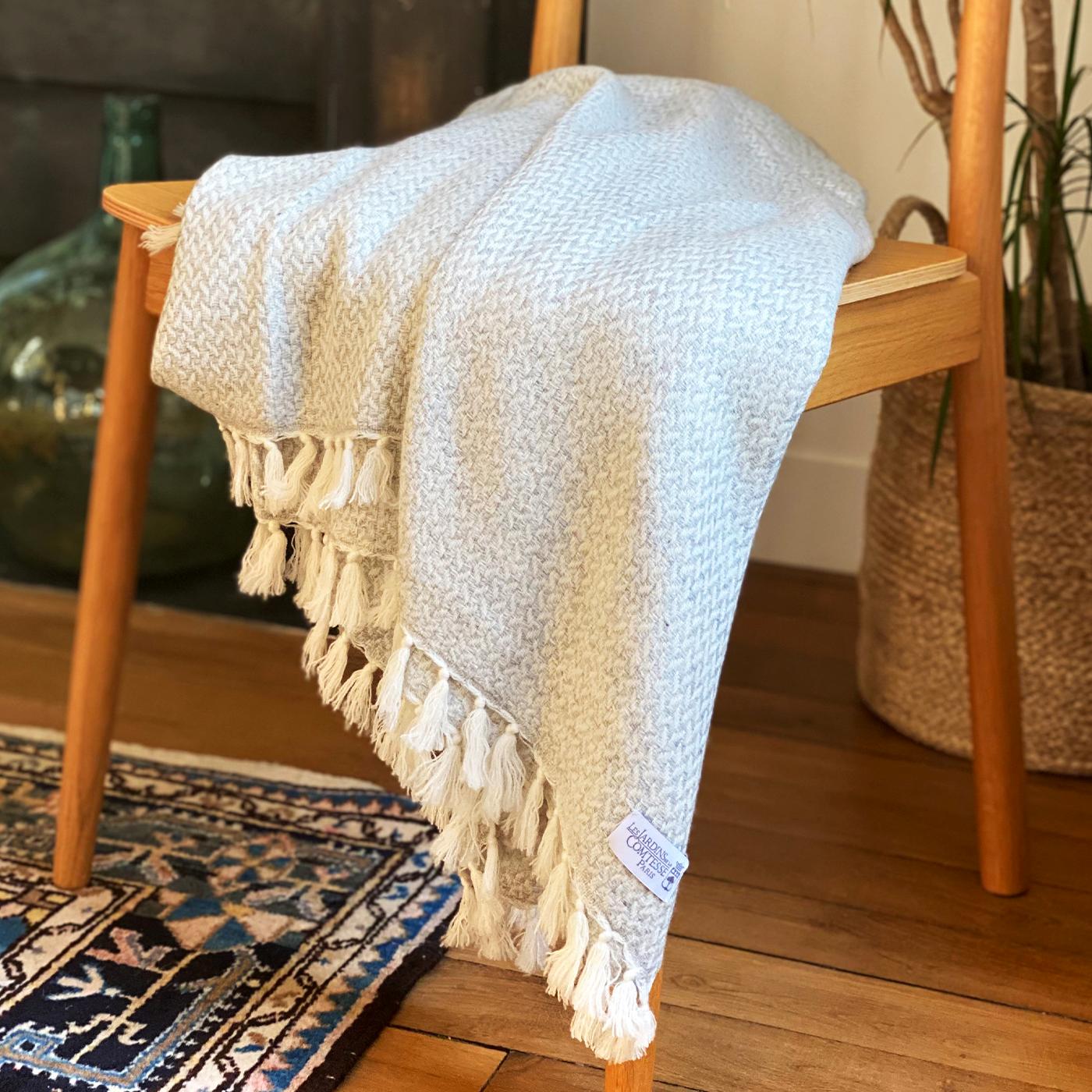 Plaid cachemire et laine petits chevrons Gris Argenté - 130 x 230 cm