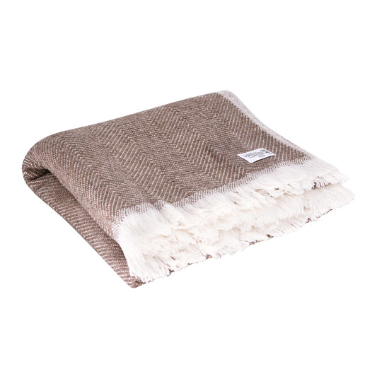 Plaid laine Marron Glacé et Ivoire - Grands chevrons - 130 x 200 cm