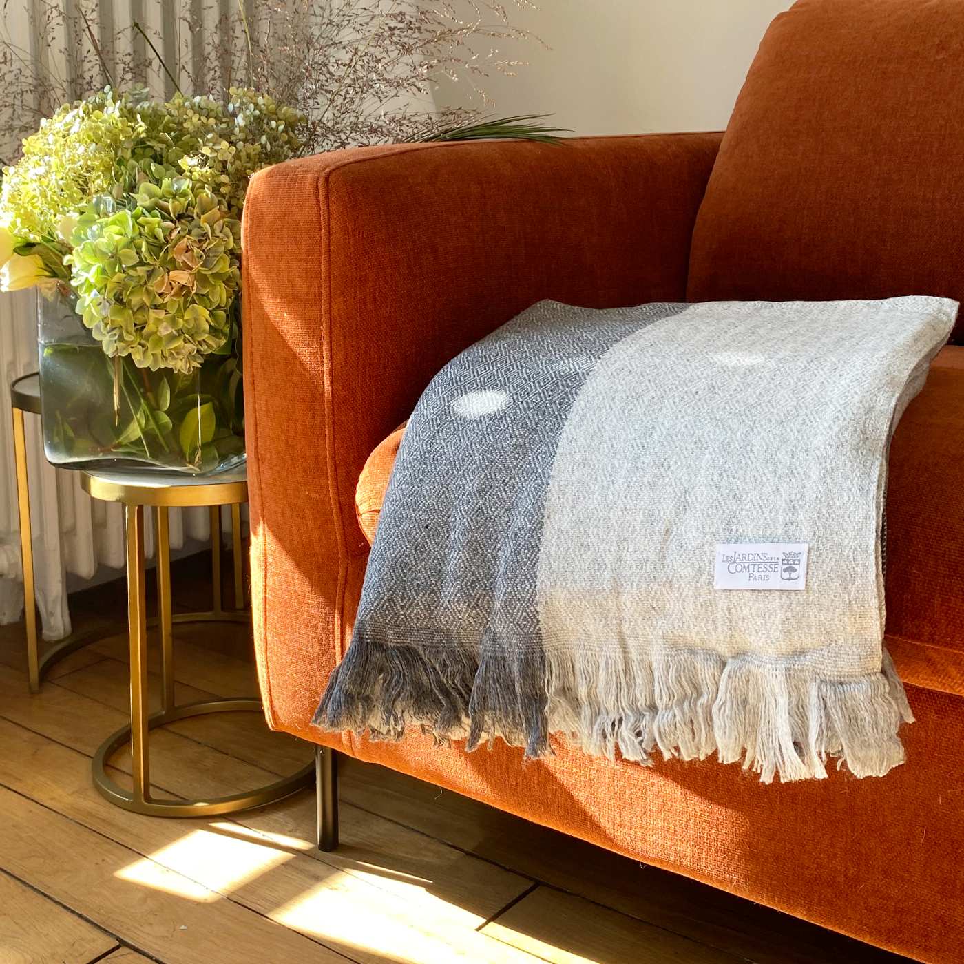 Plaid cachemire et laine à bandes Grises - Motif diamant - 130 x 230 cm