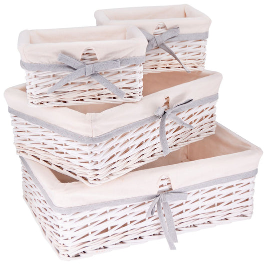 Lot de 4 paniers de rangement en osier blanc - Tissu blanc