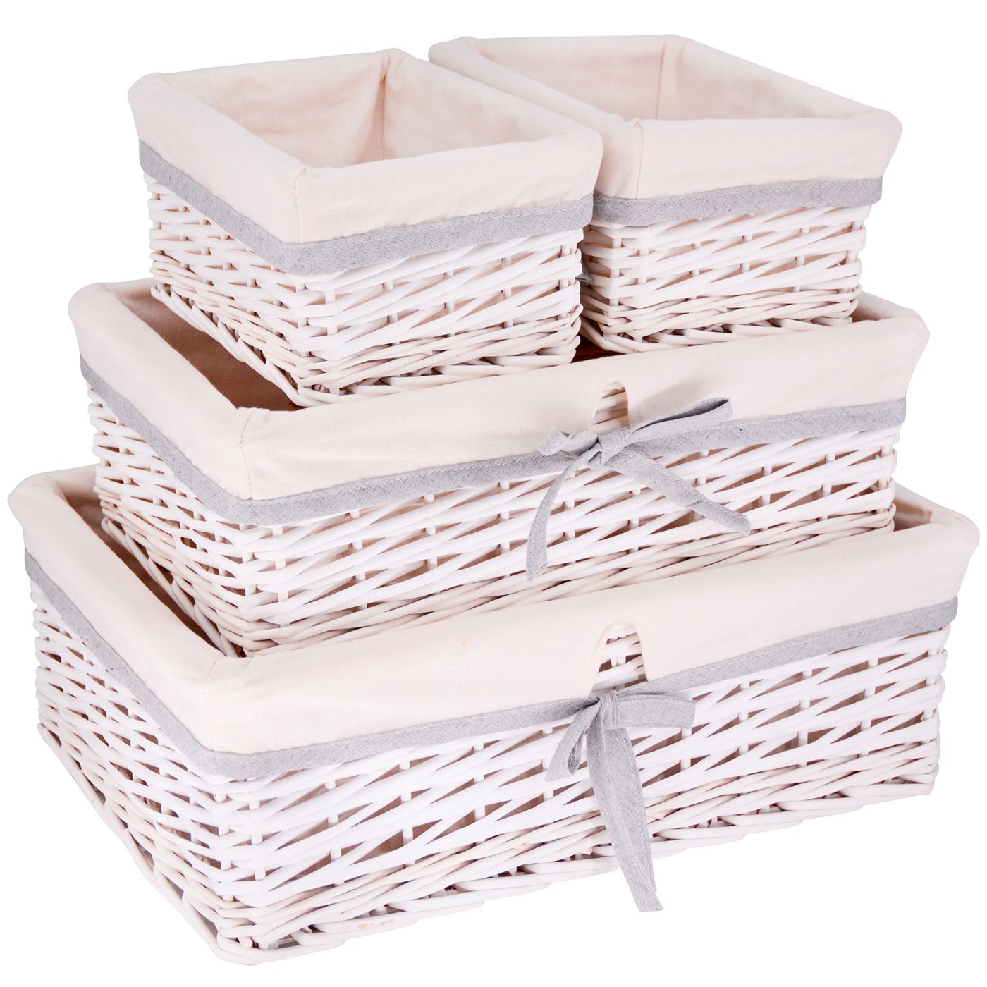 Lot de 4 paniers de rangement en osier blanc - Tissu blanc