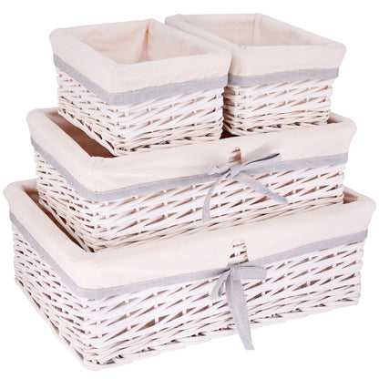 Lot de 4 paniers de rangement en osier blanc - Tissu blanc