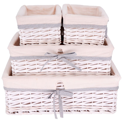 Lot de 4 paniers de rangement en osier blanc - Tissu blanc