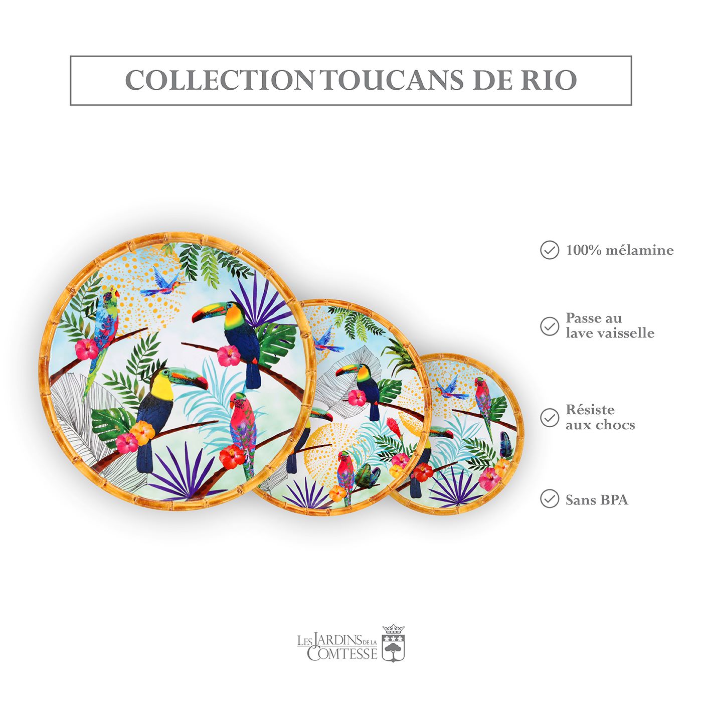 Plat de service rond en mélamine toucans - Ø 35,5 cm